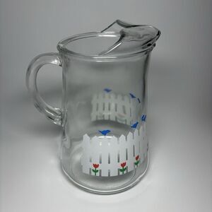 Libbey White Fence Blue Birds Red Flowers Clear Glass Pitcher 64 oz Cottagecore